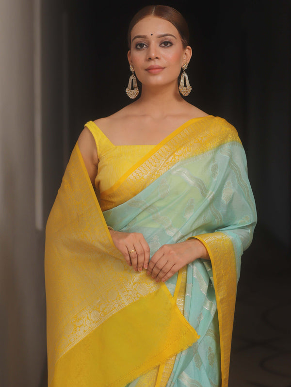 Banarasee Georgette Saree With Zari Work & Contrast Border-Blue & Yellow