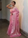 Banarasee Handwoven Semi Silk Saree With Silver Zari Jaal Design-Baby Pink