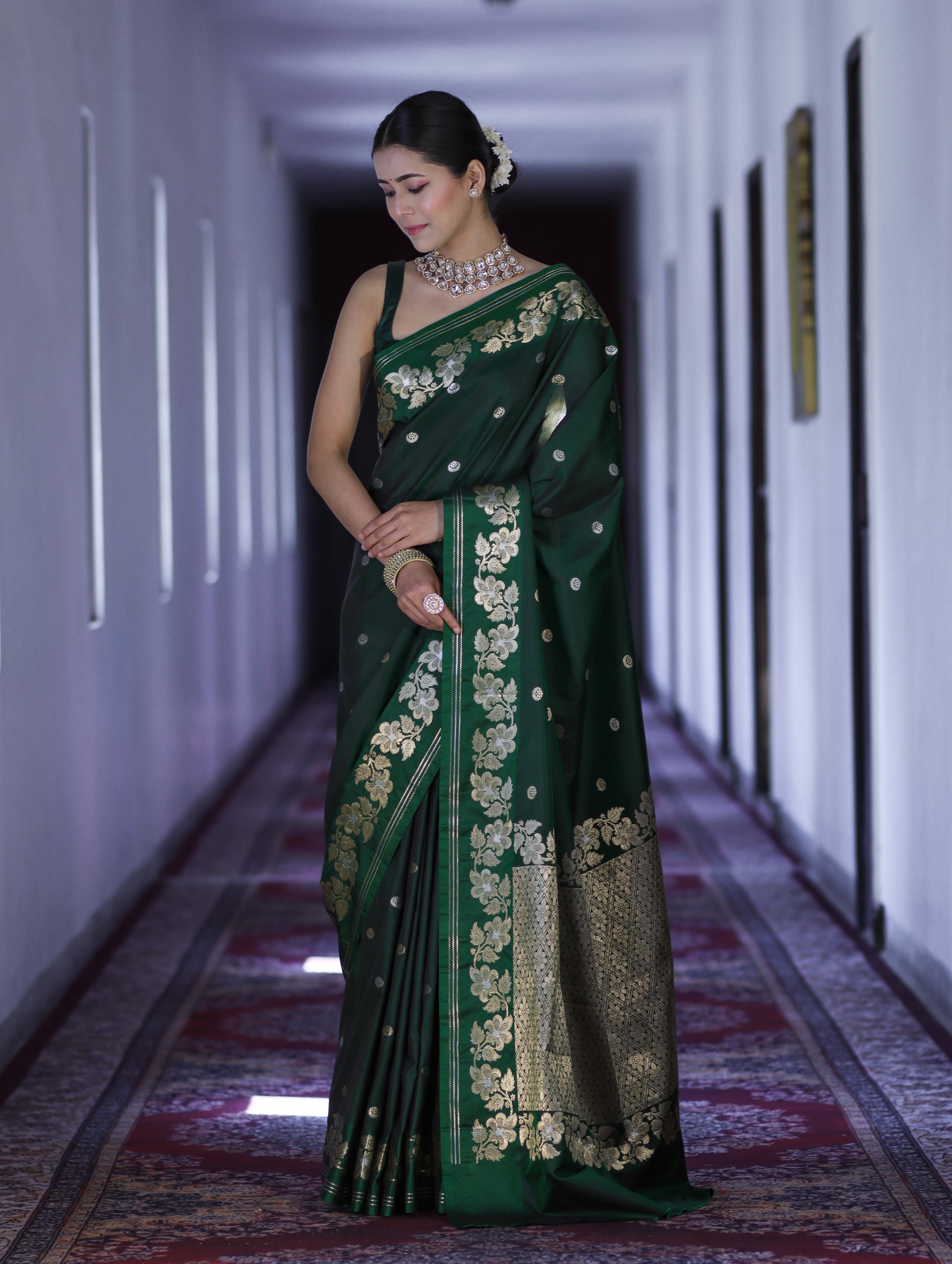 Banarasee Handloom Semi Silk Saree With Sona Rupa Zari Buti Design & Floral Border-Green