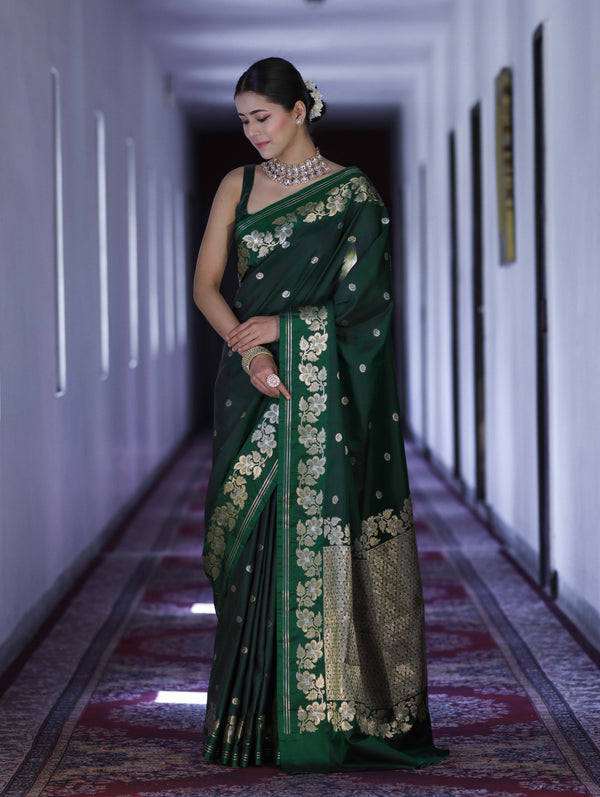 Banarasee Handloom Semi Silk Saree With Sona Rupa Zari Buti Design & Floral Border-Green