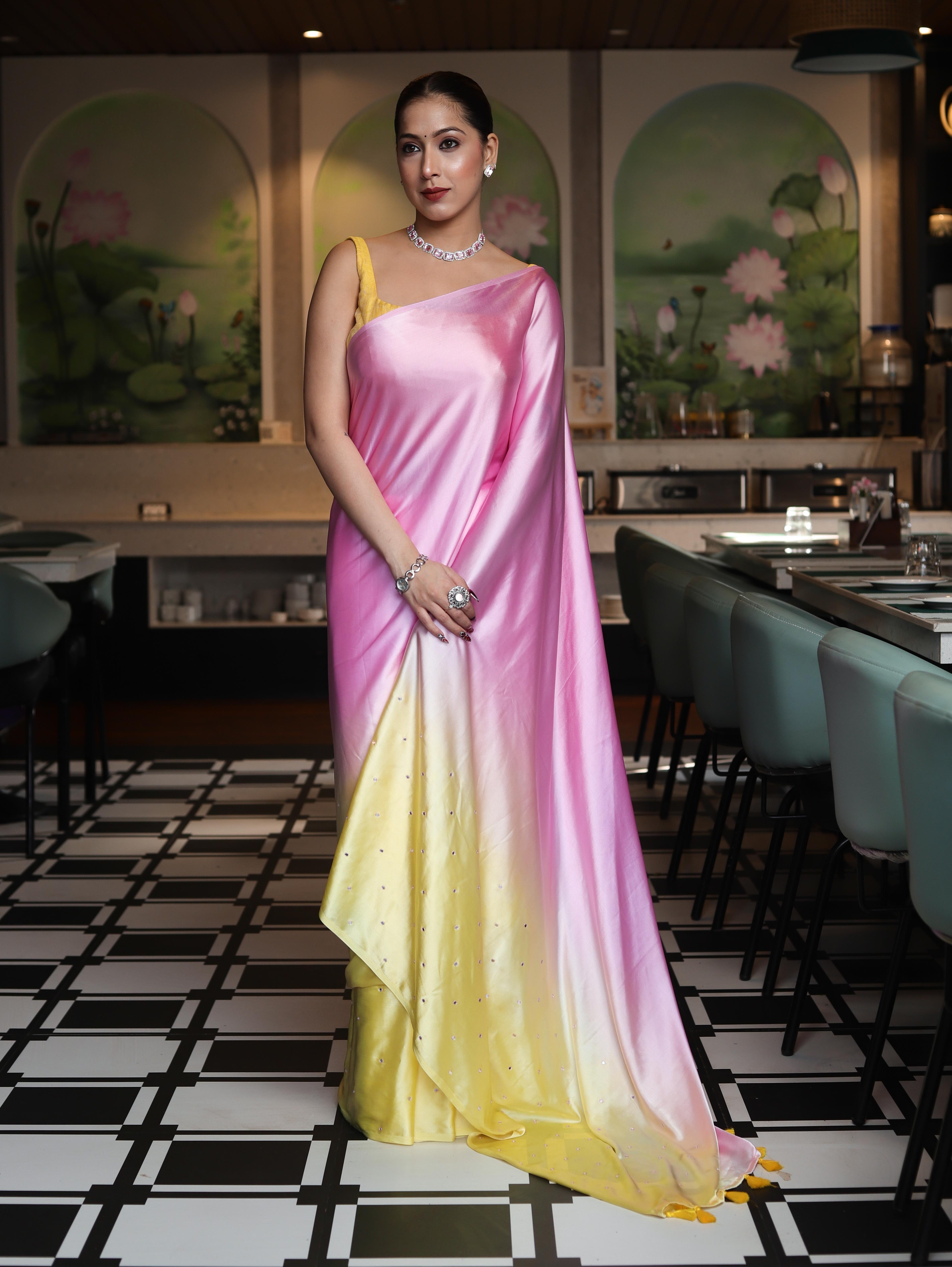 Banarasee Handloom Satin Hand Dyed Saree With Mirror Work-Blush Pink & Yellow