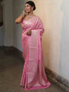 Banarasee Handwoven Semi Silk Saree With Silver Zari Jaal Design-Baby Pink
