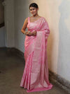 Banarasee Handwoven Semi Silk Saree With Silver Zari Jaal Design-Baby Pink