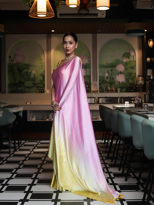 Banarasee Handloom Satin Hand Dyed Saree With Mirror Work-Blush Pink & Yellow