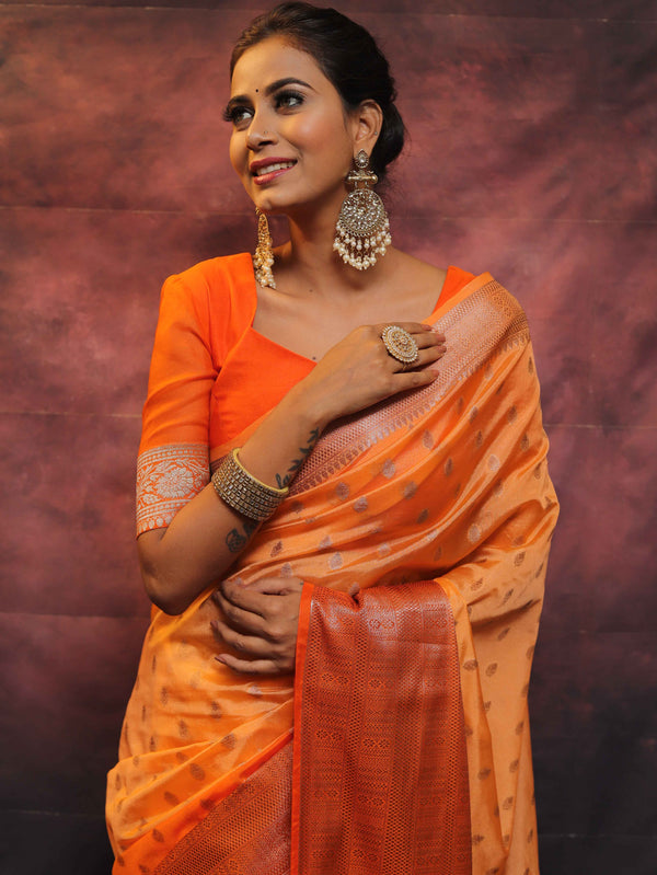 Banarasee Handwoven Dual Color Semi Silk Saree With Zari Work-Orange