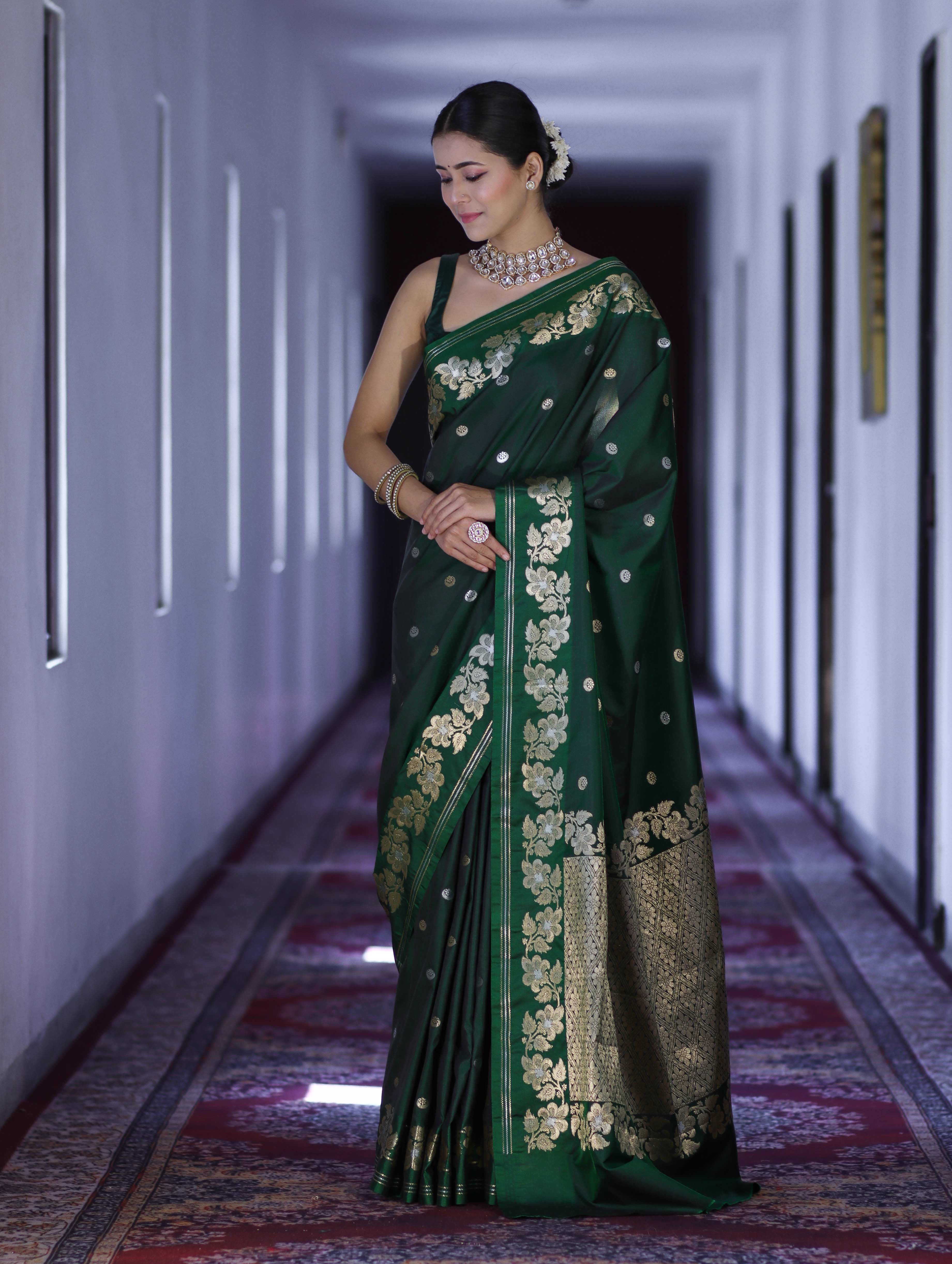 Banarasee Handloom Semi Silk Saree With Sona Rupa Zari Buti Design & Floral Border-Green