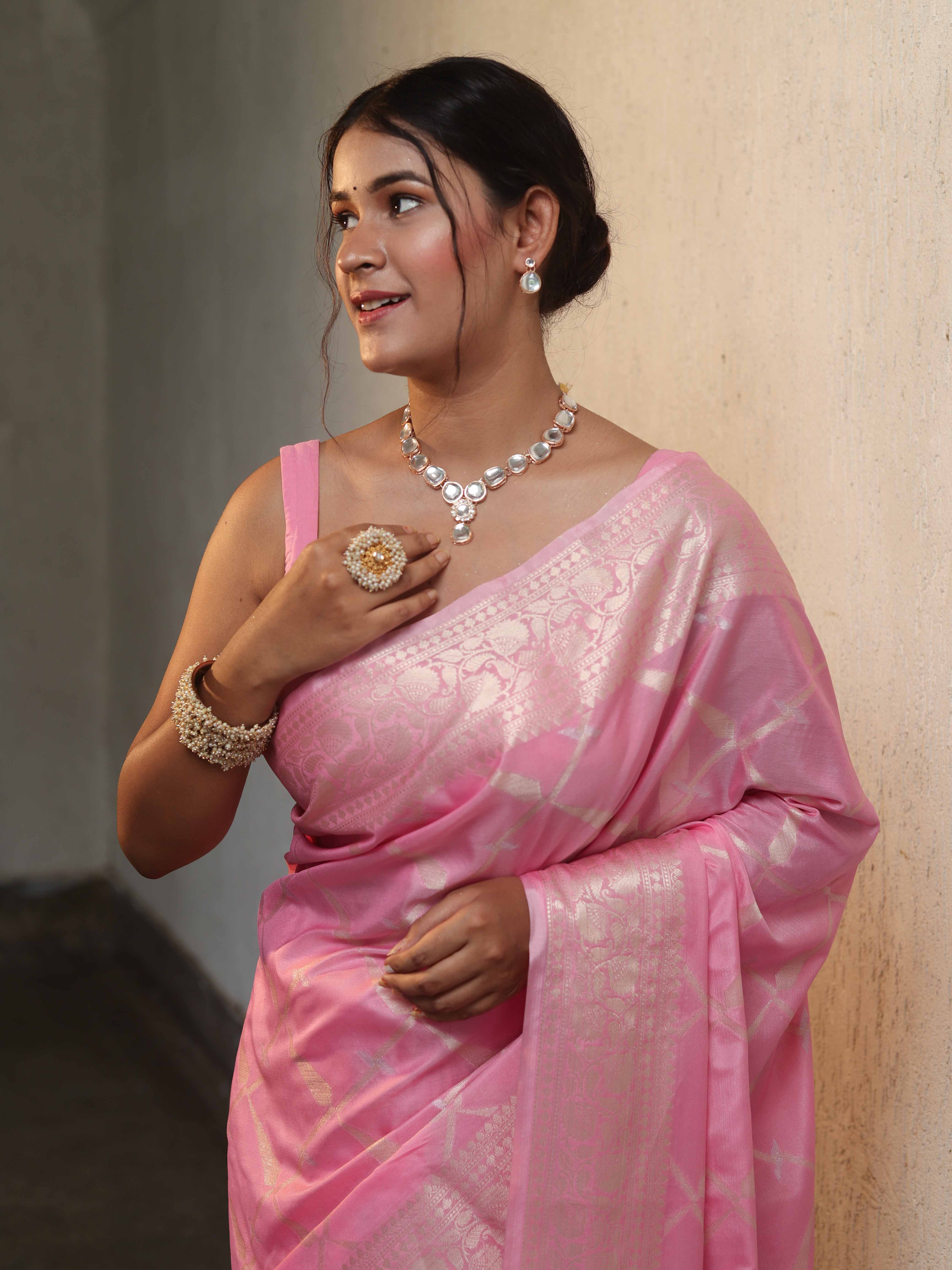 Banarasee Handwoven Semi Silk Saree With Silver Zari Jaal Design-Baby Pink