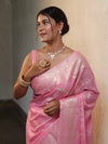 Banarasee Handwoven Semi Silk Saree With Silver Zari Jaal Design-Baby Pink