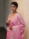 Banarasee Handwoven Semi Silk Saree With Silver Zari Jaal Design-Baby Pink
