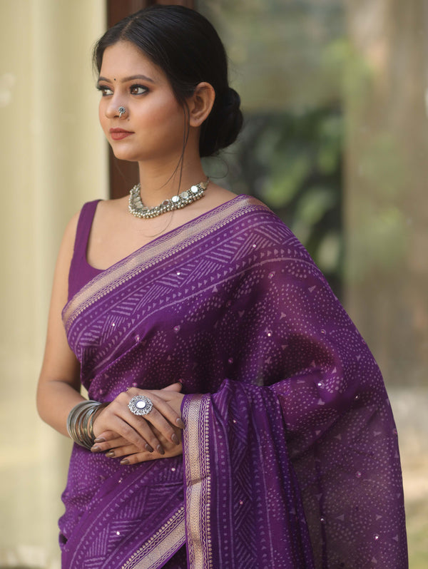 Handloom Maheshwari Silk Bagru Block Printed Mirror Work Saree-Violet