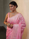 Banarasee Handwoven Semi Silk Saree With Silver Zari Jaal Design-Baby Pink