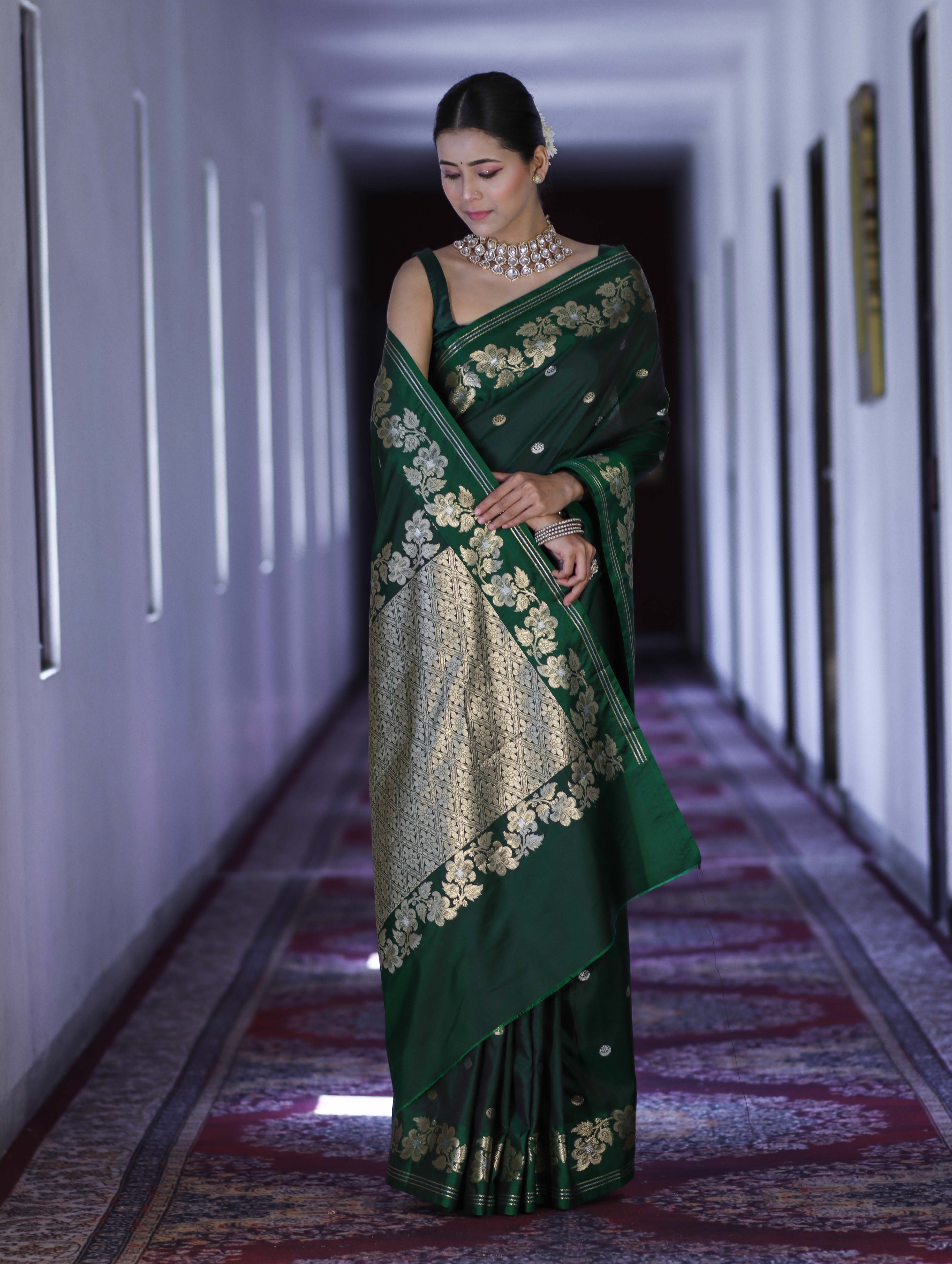 Banarasee Handloom Semi Silk Saree With Sona Rupa Zari Buti Design & Floral Border-Green