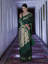 Banarasee Handloom Semi Silk Saree With Sona Rupa Zari Buti Design & Floral Border-Green
