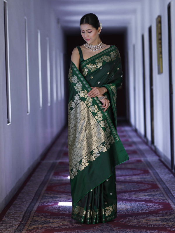 Banarasee Handloom Semi Silk Saree With Sona Rupa Zari Buti Design & Floral Border-Green