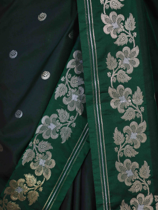 Banarasee Handloom Semi Silk Saree With Sona Rupa Zari Buti Design & Floral Border-Green