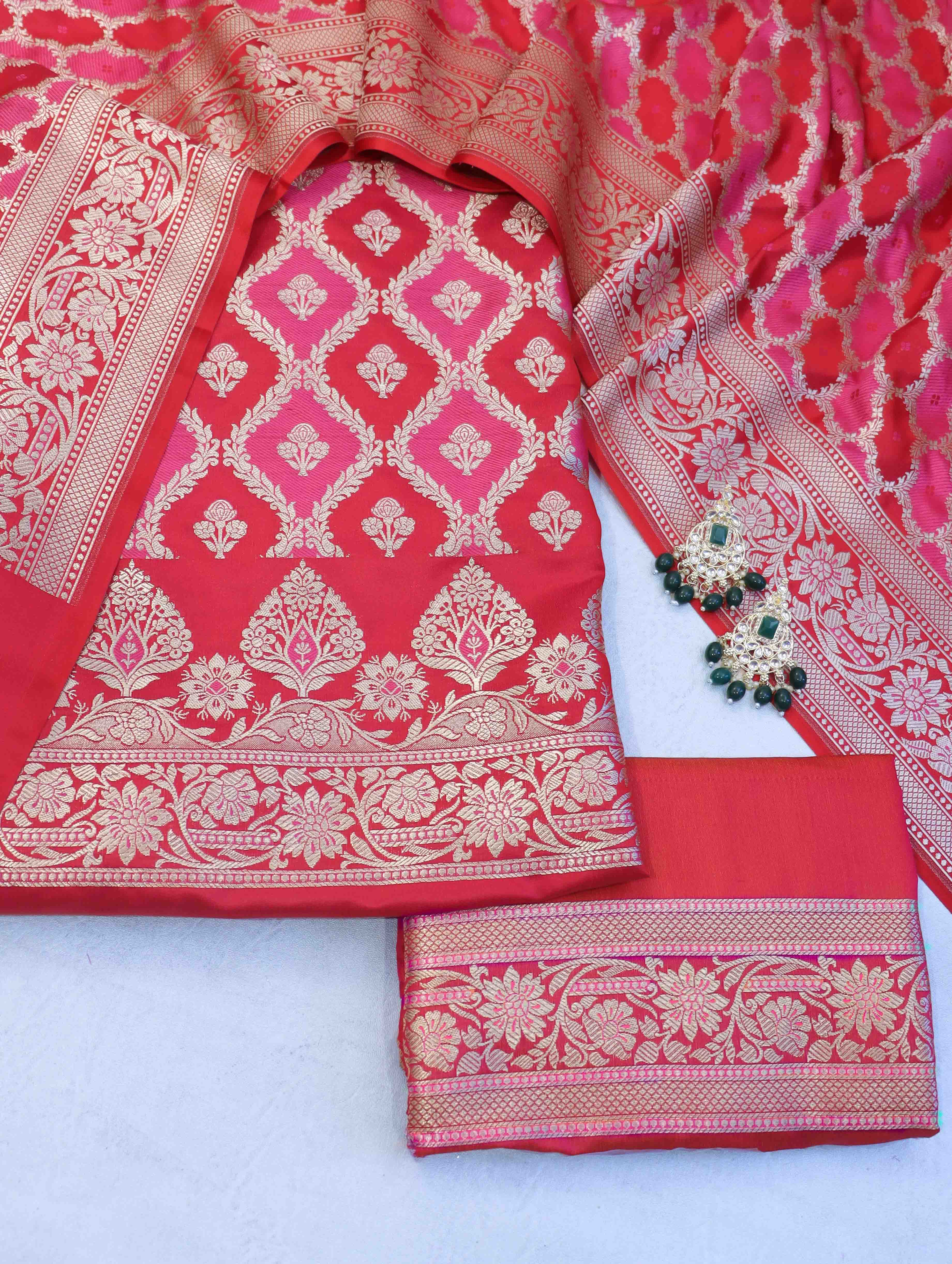 Banarasee Dual Color Katan Silk Zari Work Salwar Kameez Fabric With Dupatta Set-Red & Pink