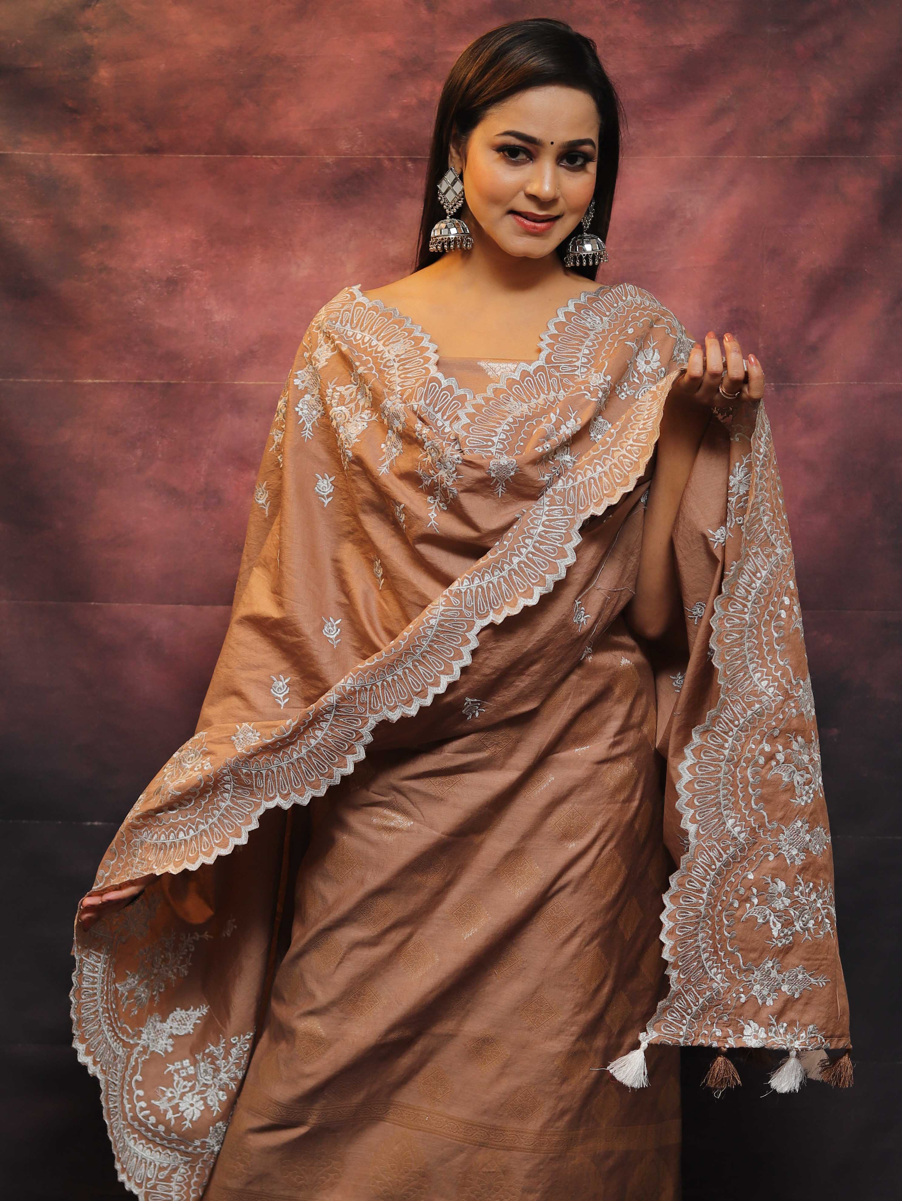 Banarasee Chanderi Cotton Salwar Kameez With Dupatta Set-Brown