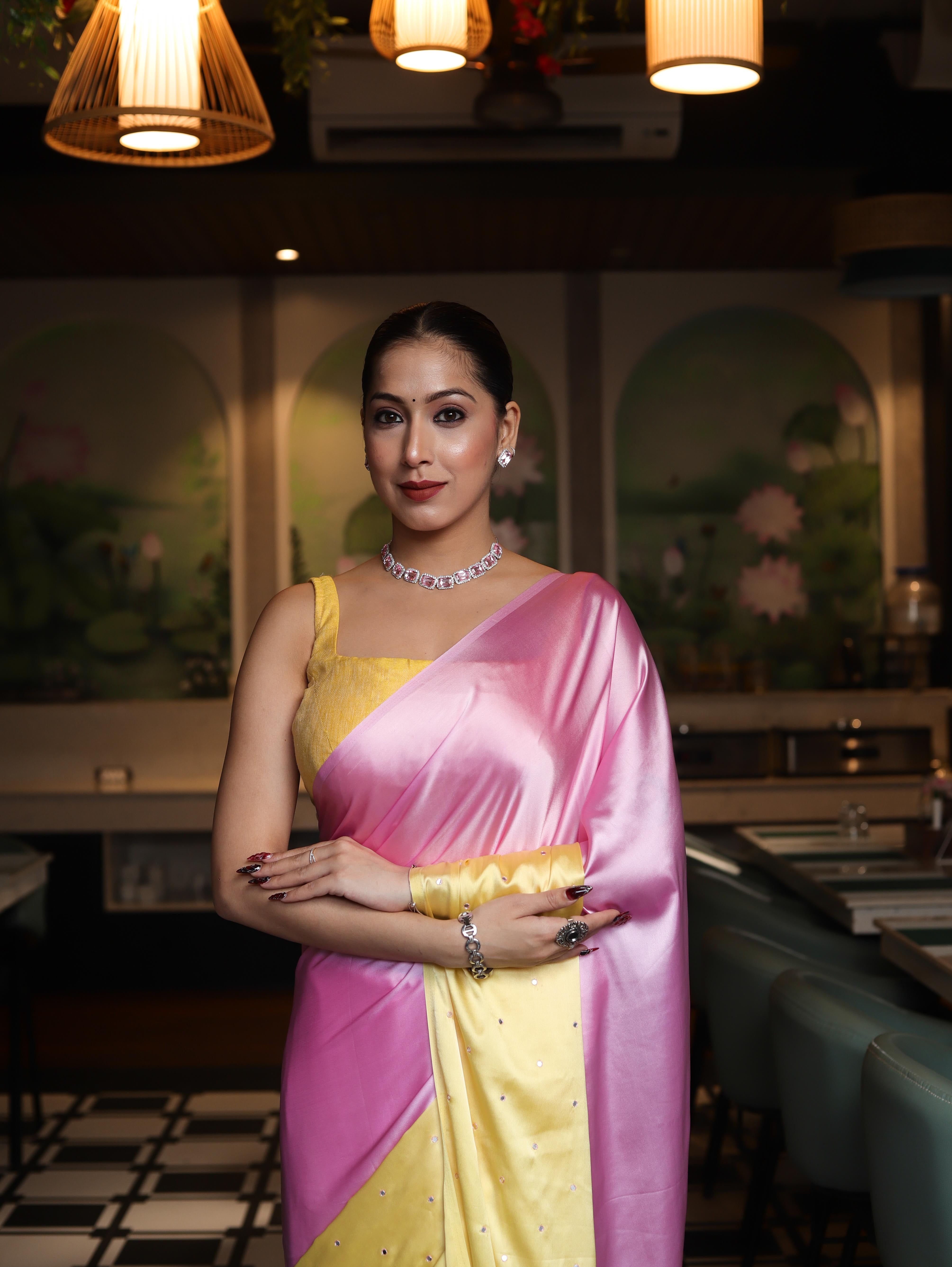 Banarasee Handloom Satin Hand Dyed Saree With Mirror Work-Blush Pink & Yellow