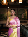 Banarasee Handloom Satin Hand Dyed Saree With Mirror Work-Blush Pink & Yellow