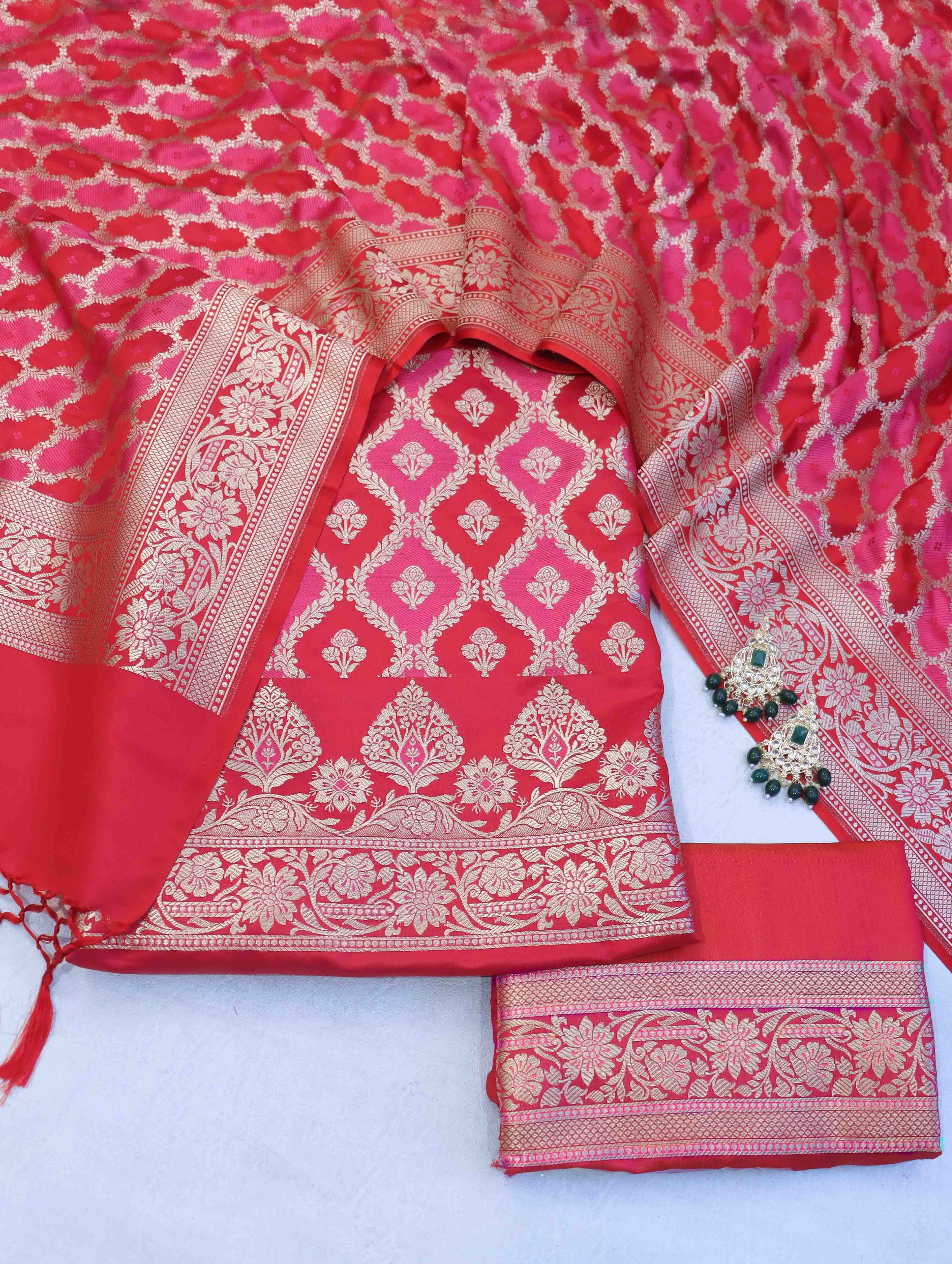 Banarasee Dual Color Katan Silk Zari Work Salwar Kameez Fabric With Dupatta Set-Red & Pink