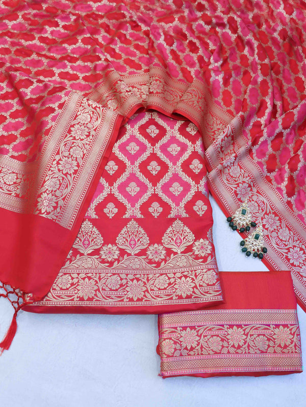 Banarasee Dual Color Katan Silk Zari Work Salwar Kameez Fabric With Dupatta Set-Red & Pink