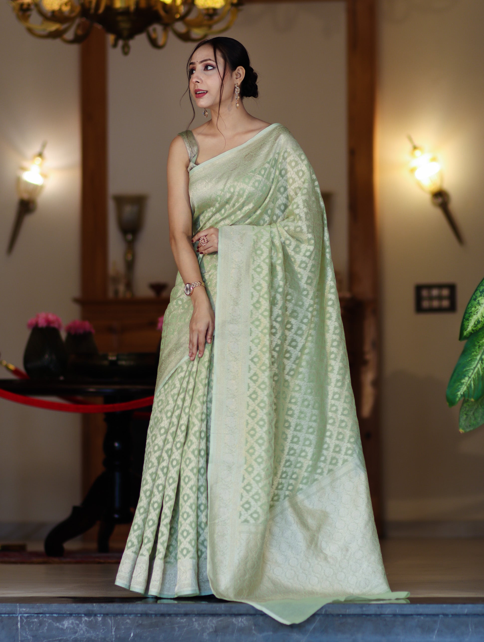 Banarasee Handloom Pure Cotton Silk Saree With Zari Jaal Design-Light Green