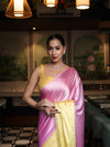 Banarasee Handloom Satin Hand Dyed Saree With Mirror Work-Blush Pink & Yellow