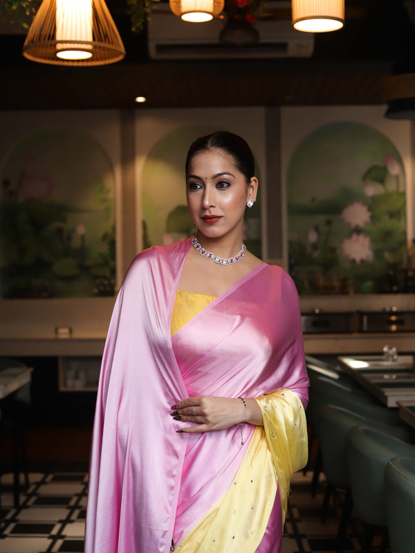 Banarasee Handloom Satin Hand Dyed Saree With Mirror Work-Blush Pink & Yellow