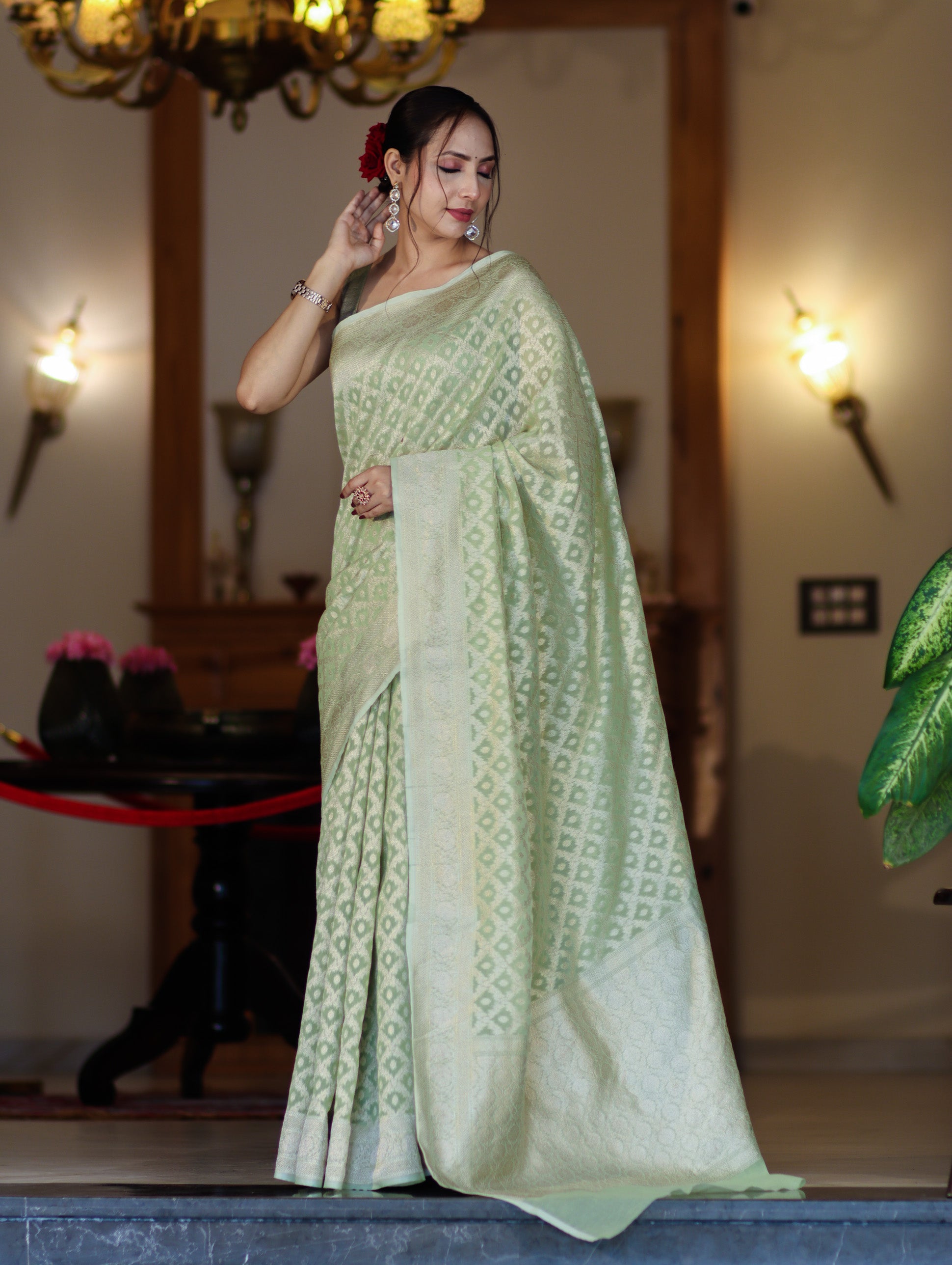 Banarasee Handloom Pure Cotton Silk Saree With Zari Jaal Design-Light Green