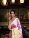 Banarasee Handloom Satin Hand Dyed Saree With Mirror Work-Blush Pink & Yellow