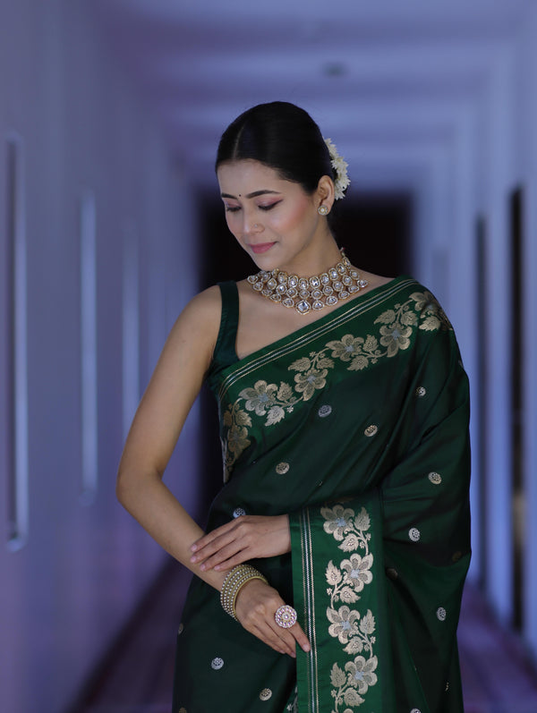 Banarasee Handloom Semi Silk Saree With Sona Rupa Zari Buti Design & Floral Border-Green