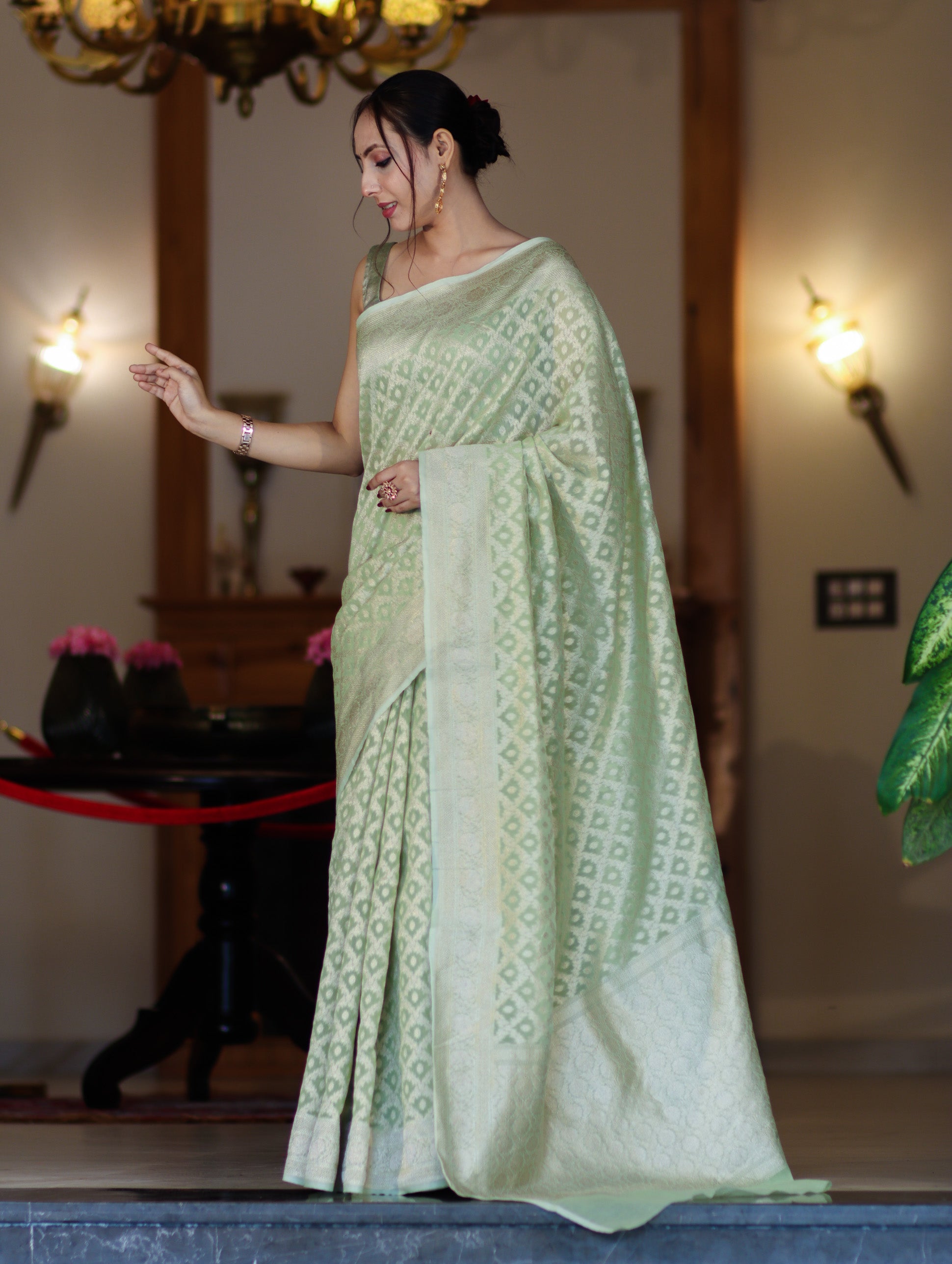 Banarasee Handloom Pure Cotton Silk Saree With Zari Jaal Design-Light Green