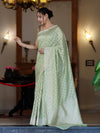Banarasee Handloom Pure Cotton Silk Saree With Zari Jaal Design-Light Green