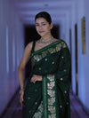 Banarasee Handloom Semi Silk Saree With Sona Rupa Zari Buti Design & Floral Border-Green