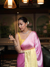 Banarasee Handloom Satin Hand Dyed Saree With Mirror Work-Blush Pink & Yellow