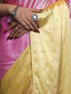 Banarasee Handloom Satin Hand Dyed Saree With Mirror Work-Blush Pink & Yellow