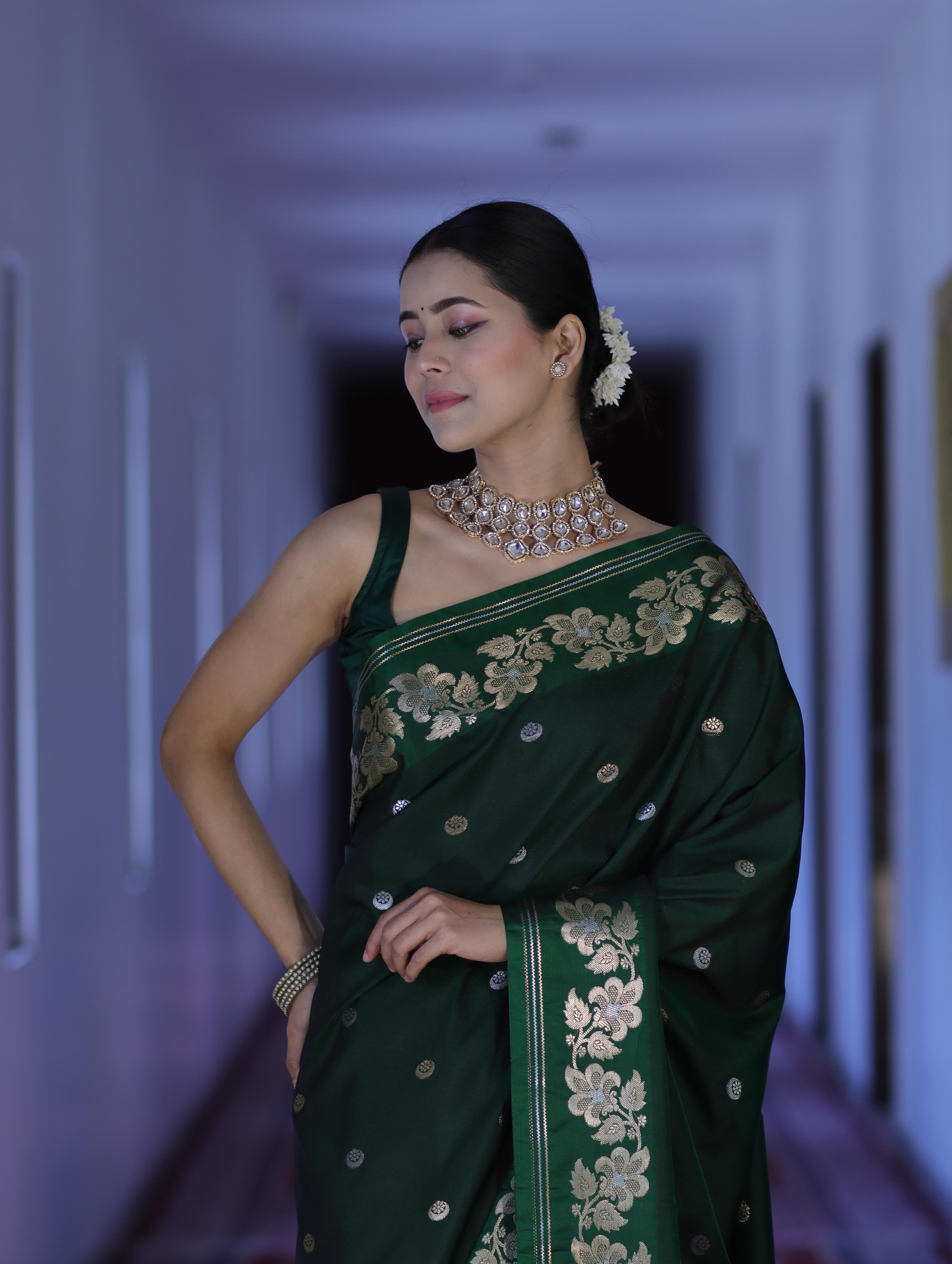 Banarasee Handloom Semi Silk Saree With Sona Rupa Zari Buti Design & Floral Border-Green