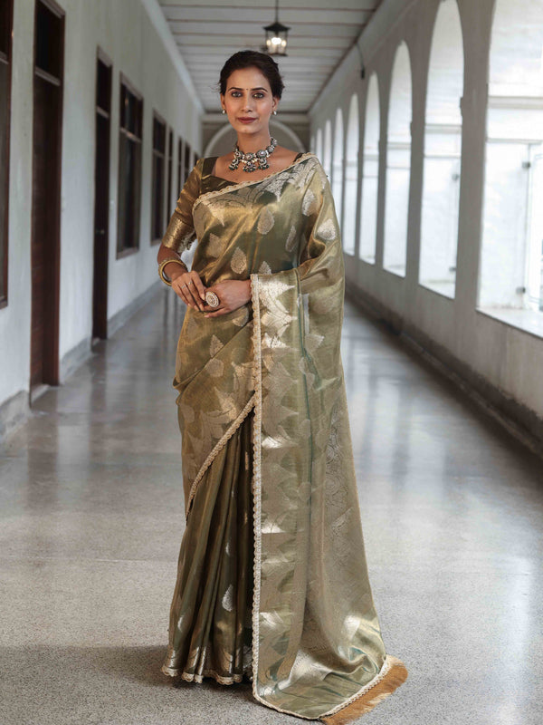 Banarasee Handwoven Crushed Tissue Saree With Zari Buta Design & Lace-Olive Green