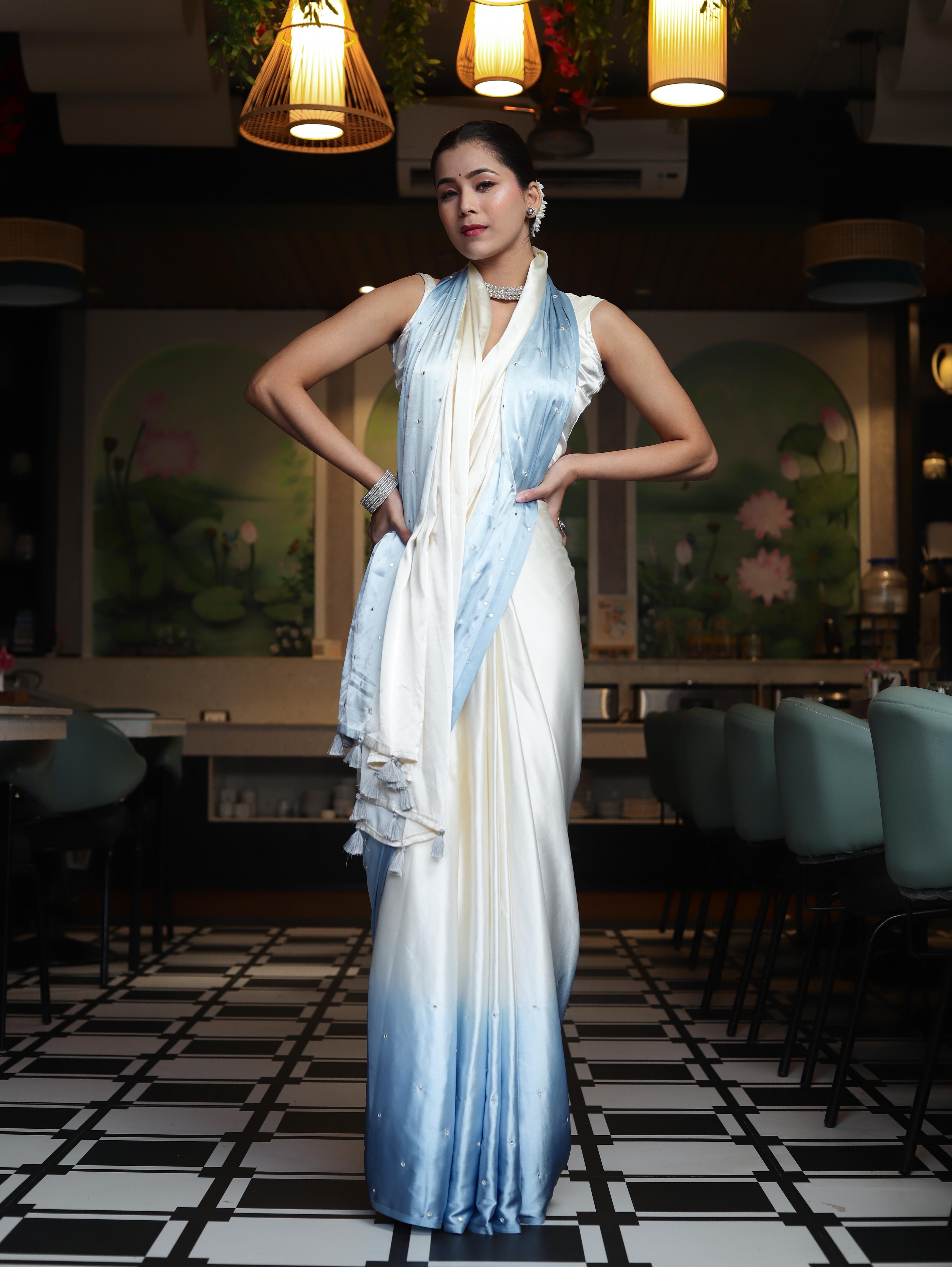 Banarasee Handloom Satin Hand Dyed Saree With Mirror Work-Light Yellow & Light Blue