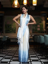 Banarasee Handloom Satin Hand Dyed Saree With Mirror Work-Light Yellow & Light Blue