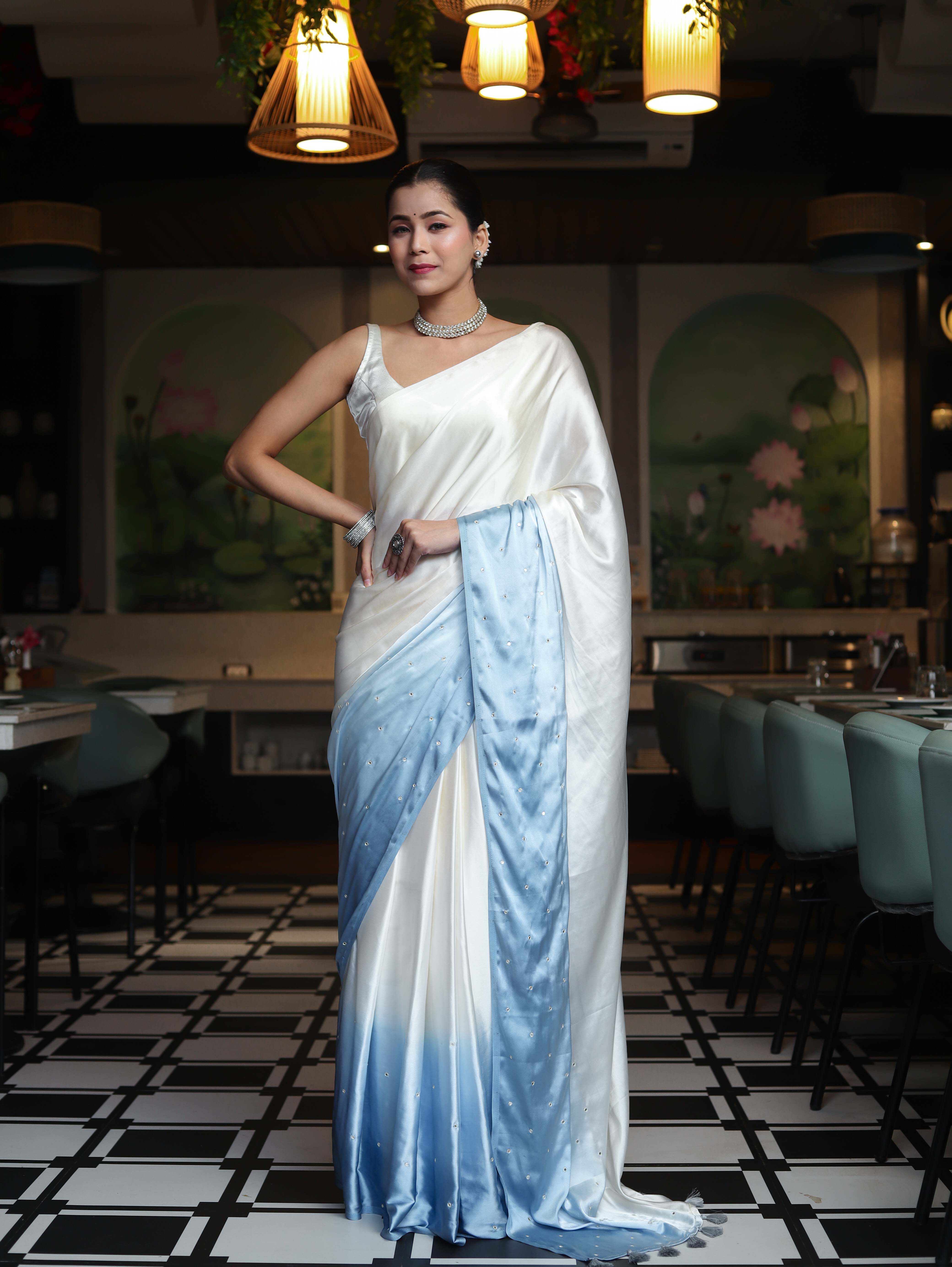 Banarasee Handloom Satin Hand Dyed Saree With Mirror Work-Light Yellow & Light Blue