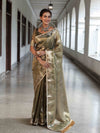 Banarasee Handwoven Crushed Tissue Saree With Zari Buta Design & Lace-Olive Green