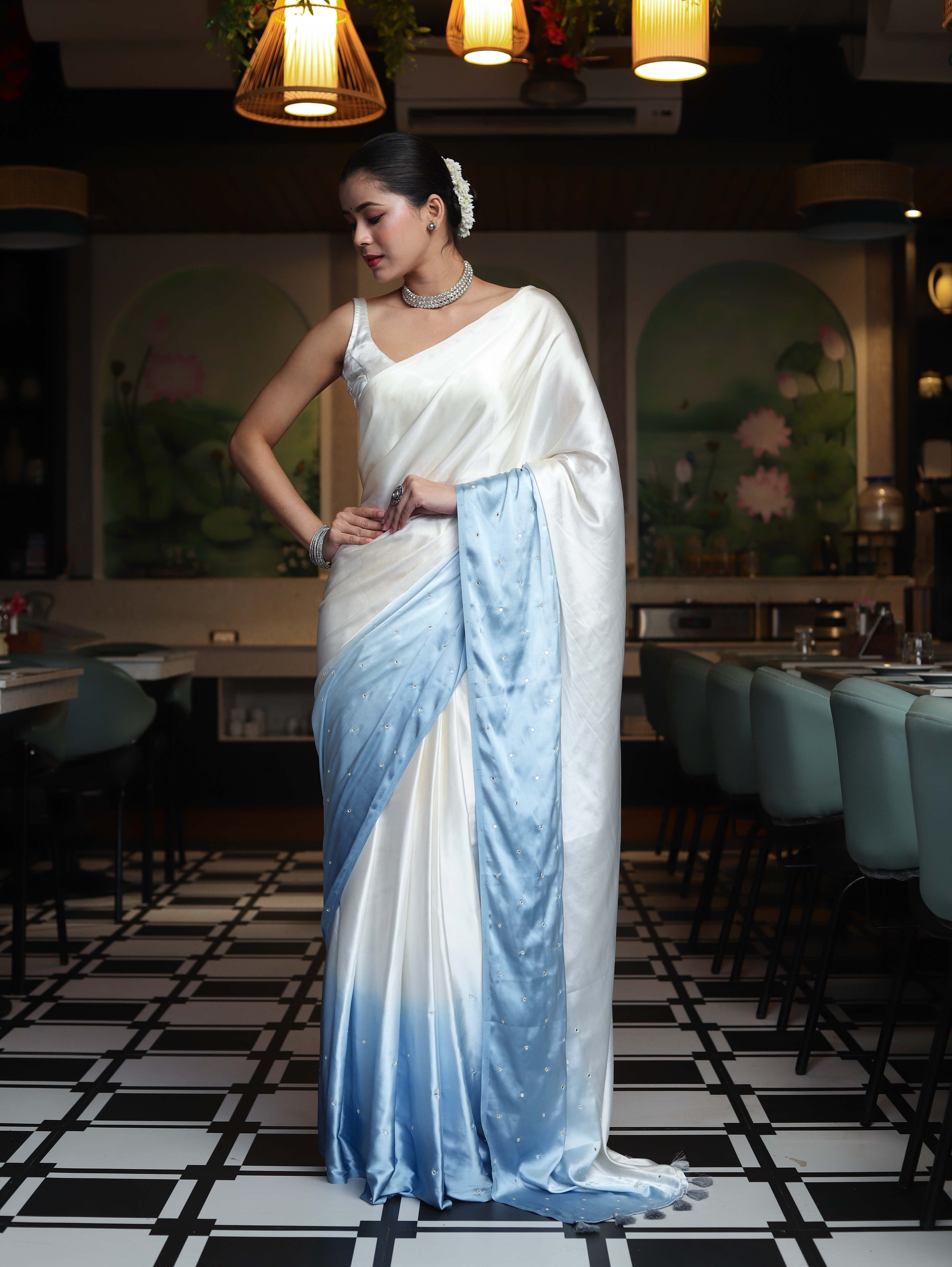 Banarasee Handloom Satin Hand Dyed Saree With Mirror Work-Light Yellow & Light Blue