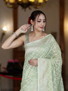 Banarasee Handloom Pure Cotton Silk Saree With Zari Jaal Design-Light Green