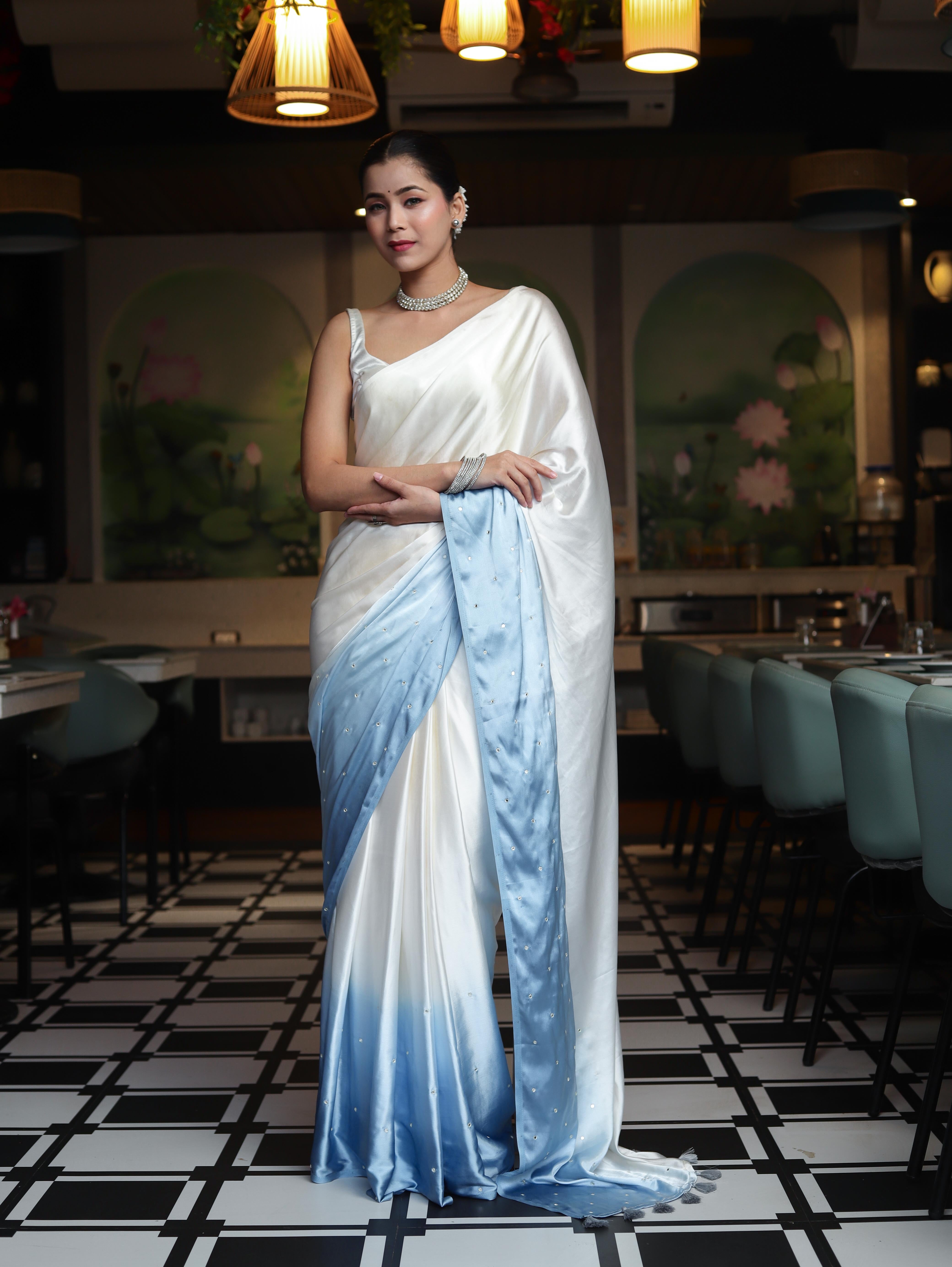 Banarasee Handloom Satin Hand Dyed Saree With Mirror Work-Light Yellow & Light Blue