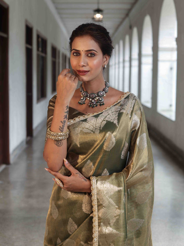 Banarasee Handwoven Crushed Tissue Saree With Zari Buta Design & Lace-Olive Green