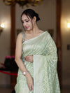 Banarasee Handloom Pure Cotton Silk Saree With Zari Jaal Design-Light Green