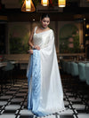 Banarasee Handloom Satin Hand Dyed Saree With Mirror Work-Light Yellow & Light Blue