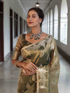 Banarasee Handwoven Crushed Tissue Saree With Zari Buta Design & Lace-Olive Green