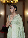 Banarasee Handloom Pure Cotton Silk Saree With Zari Jaal Design-Light Green